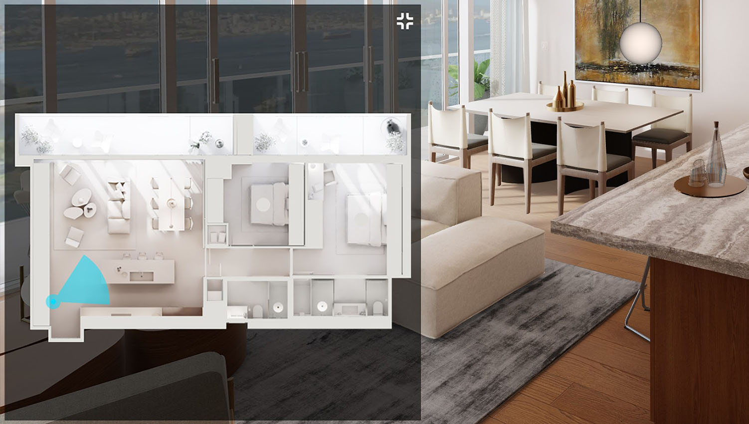 Top and orbit views provide buyers with a chance to quickly transition from analyzing even the smallest design details to examining the layout of the apartment or property. All of these features contribute to an important sense of scale.